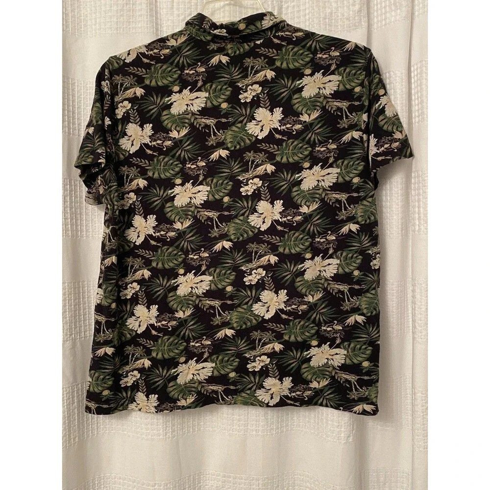 Banana Republic Mens Pique Polo Shirt M Black Tropical Floral Hibiscus Cotton